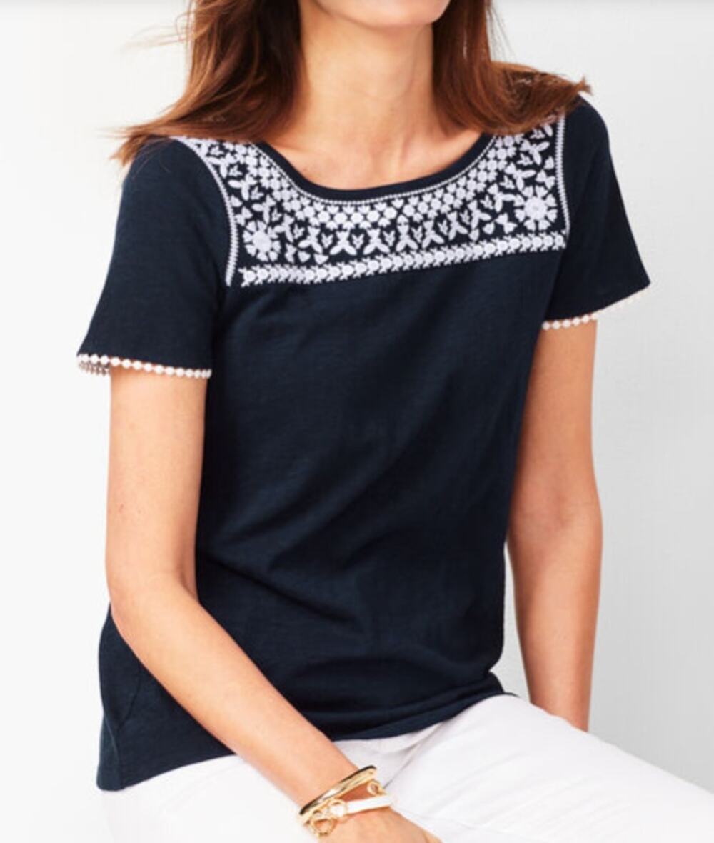 Talbots Navy Blue Embroidered Yoke Cotton Short Sleeve Tee Shirt Size Medium